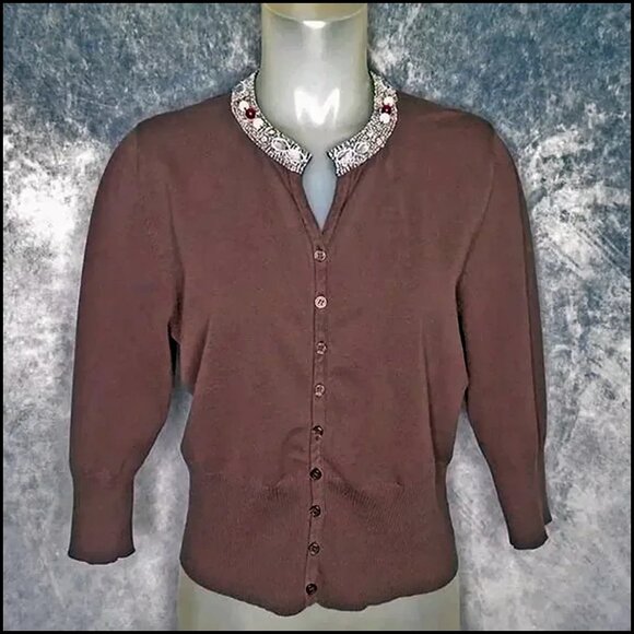 50s Style Beaded Cardigan with Jeweled Neck, VFG 90s Large Size Rockabilly - Picture 6 of 12